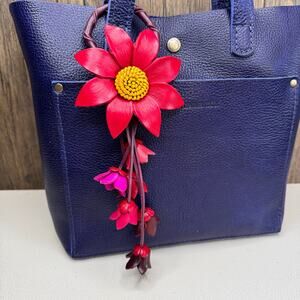 Leather Flower Purse Charm Genuine Leather Red Daisy Flower Purse Bag Charm